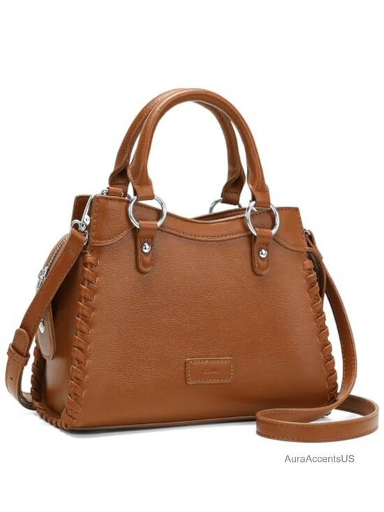 Handbags - Medium Satchel Handbag with Braided Trim Crossbody Tote Faux Leather Purse